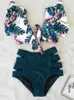 Floral Ruffled Hem Bikini Set Women Flora VNeck HighWaisted Two Piece Swimsuit Girl Beach Bathing Suit Swimwear Biquinis 220527