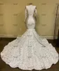 Vit 3D Rose Flower Train Prom Klänningar med långärmad spets Applique långärmad sjöjungfru Afrikansk Aso EBI Evening Reception Gown