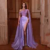 Purple One Shoulder Evening Dresses Beading Top Side Split Celebrity Gown Ruched Satin Arabic Dubai Females Robe De Soiree With Cape 326