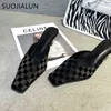 SUOJIALUN Square Toe Slip On Women Mules Shoes Fashion Brand Checkered Slipper Ladies Thin High Heel Elegant Dress Slides Sandal 220627