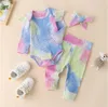 2022 Girls Designer Clothes Kids Tie-Dye Pit Striped Clothing Sets Summer Boutique Rompers Pants Headband Suits Breathable Casual Jumpsuits Trousers Outfits