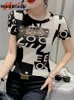 Tshirt da donna MadBlack Summer Chic Sexy Oneck Stampa Lettera Patchwork Shiny Diamond Tops Manica corta Hand Make Tees T25004L 230206