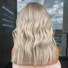 Perruque Bob Lace Front Wig naturelle brésilienne Remy, cheveux courts ondulés, blond platine, à reflets, pre-plucked, ombré, pour femmes