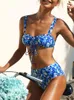 Bikini con estampado Floral de Peachtan 2021, traje de baño de cintura alta para mujer, traje de baño Bandeau, traje de baño femenino con cordón, traje de baño Sexy Y220420
