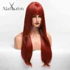 perruque de style femme respirant pleine tête ensemble rouge orange cheveux longs raides 220527