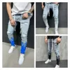 Men's Skinny Jeans Pants Men Hole Frayed Contrasting Print Flame Colorblock Jean Pant Big Size Trousers 3XL
