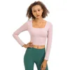 lu-48 Gym Yoga Outfits Clothes Women Tops Solid Color High Elastic U Neck Shirt with Breast Pad Sports Bra Long Sleeve Sexy Running Fitness