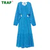 Traf Blue Cutwork Long Dress Women Embroidery Maxi Dress Woman Summer Backless Female Dress Long Sleeve Casual Dresses For Women 220811