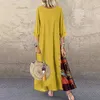 Women Vintage Maxi Dress Summer Solid O Neck Stitching Printed 3 4 Sleeve Side Buttons es Loose Casual Long Plus Size 220611