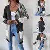 Chaquetas de mujer Cárdigan de frente abierto para mujer Bloque de color a rayas Manga larga Suéter de punto de otoño Prendas de abrigo Gris oscuroMujer