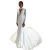 2022 Arabiska afrikanska sjöjungfru Sexig bröllopsklänningar brudklänningar plus storlek hög hals illusion spetsar applikationer kristallpärlade 3d blommor blommor långa ärmar