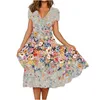 Frauen Vintage Kurzarm V-ausschnitt Blumen Gedruckt Kleider Sommer A-Linie Elegante Party Kleid Damen Casual Lose Boho Kleider 220531