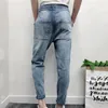 Мужские джинсы летние мужчины Slim Blue Ruped Mid Elastic Denm Denim Harem Pants Большие промежности лодыжки в брюках улицы моды моды моды