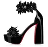 Femmes d'été Daisy Spikes Sandales Chaussures Semelles rouges Talons hauts Fleur Strappy Talon carré Cuir de veau verni Lady Sandalias EU35-43 avec boîte