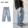 Hombres Jeans Jeans rectos de pierna ancha 3XL Hole Ripped Street-wear All-Match Denim Pantalones para hombre sueltos Casual Moda Harajuku 220726
