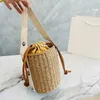 Summer String Bucket Bag Straw Crossbody Bags Women Weave Handbag Purse Genuine Leather Shoulder Bags Detachable Thin Strap Pouch 272m