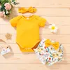 Roupas conjuntos de roupas Princadeiro Roupa da menina Roma de cor sólida Tops Floral Bowknot Bandeira da cabeça de três peças conjunto de roupas de 0-18m Per