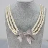 Hand knotted necklace 3rows white near round 6-7mm 18-21inch micro inlay zircon bowknot natural freshwater pearls fashion jewelr