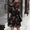 Floral Print Chiffon Hemd Kleid Frauen Blütenblatt Hülse Herbst Durchsichtig Rüschen Belted Weibliche EINE Linie Büro Vestidos 220521