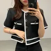 Chic Korean Summer Thin Contrast O Neck Short Sleeve Jackets Women Crop Tops Singlebreasted Straight Coat Fashion Clothing L220815