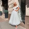 Off The Shoulder Sparkly Short Wedding Dress 2022 Simple Gliter Tulle Tea Length Sequin Bridal Gown A-Line Beach Vestido De Noiva