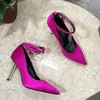 TF padlock charms 105mm Ankle strap pumps shoes Fuchsia satin silk high-heeled stiletto pointed toes heels dress shoe for Women Luxury Designers factory footwear