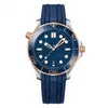 AAA QualityMen's Watch Man Montre relojファッションウォッチのための自動機械運動ウォッチルネットローズゴールドブルーデザイナーラバーストラップ付き