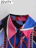 Zevity Women Vintage Contrast Color Geometric Print Smock Blouse Office Lady Business Shirts Chic Retro Blusas Tops LS424 220623