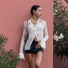 Vintage White Folds Cute Y2K Shirt Elegante moda manica svasata Button Top See Through Sexy Mesh Girl Tees Top coreano 220516