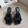 2022 neue bonbonfarbene Frottee-Sandalen mit hohen Absätzen von Muller, weibliche Bogenmädchen-Hausschuhe mit quadratischem Kopf