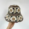 Basker boho flätad hink hatt kvinnor harajuku stor grim sol bob cap virkning blommor fiske flicka semester vikbar panama strand hatberets