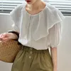 Blouses pour femmes Chemises d'été Femmes Blouse Cool Volants Designer Mode Courte Manches Bouffantes Chemise Décontractée Blanc Bleu Dames Vêtements Corée 3