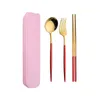 Set di stoviglie 3 pezzi / set Bacchette d'oro portatili Forchetta Cucchiaio Sushi Acciaio inossidabile Bastoncini di metallo cinesi Gadget StoviglieSet di stoviglieDinne