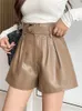 REALEFT Autumn Winter Women's Faux PU Leather Shorts with Belted High Waist Ladies Elegant Short Trousers Pocket Female 220527