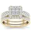 Nowe modne obrączki 2PCS Zestaw ślubny Elegancki kryształowy pierścionek zaręczynowy luksus złoty kolor okrągły cyrkon dla kobiet biżuteria boho