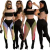 Fashion Mesh See Through Tracksuits For Women Short Sleeve Stand Neck Crop Top And Slim Splicing Pants Sexy 2 Piece Sets 259