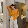 Spring Summer Women Casual Loose V-neck Knitted Long Sleeve T-shirt Autumn Sexy Club Solid Off Shoulder Thin Crop Tops Shirt 220407