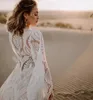 Boho Deep U Neck Beach Trouwjurken Vecht Train Flare Sleeve Lace Open Back Hippie Free People Boheemse Country Bridal Jurys