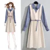 Lässige Kleider Herbst Winter Damen Langes Kleid Koreanische Chiffon Vintage Zweiteilige Sets Schlanke Taille mit Gürtel Rüschenhülse Umlegekragen