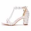 Crystal Queen Elegant High Heels 7cm Women's Banquet Sandals Platform Toe Wedding Shoes White Lace Party Dress Pumps 220402