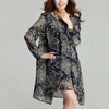 새로운 여름 여성 한국어 패션 스타일 드레스 슬림 느슨한 Sevenpoint 슬리브 인쇄 쉬폰 캐주얼 드레스 벨트 레이싱 네이비 플러스 크기