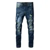 Donkerblauwe jeans mannen patch slank fit 11 hoogwaardige biker denim broek hiphop broek maat 28-40