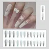 Nxy falska naglar 24 st lång ballerina vit fjäril pärla design kista falskt med lim fullt nagel spik tips tryck på 220609