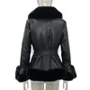 PU Leather Short Jackets Womens Fashion Tie Belt Waist Coats Women Elegant Side Pockets Faux Fur Jackets Female Ladies For Mother's Days Gift