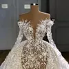 Arabic Mermaid Wedding Dresses Bridal Gowns With Detachable Train Long Sleeve Pearls Lace Appliqued Robe De Mariée 0331