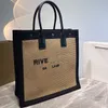 Hasır Bez Çantalar Alışveriş Çantası Kanvas Çanta RIVE GAUCHE Omuz Çantası Örgü Deri Kolları Büyük Kapasiteli Yaz Seyahat Cebi İşlemeli Harfler Etiket Mektubu