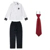 Ensembles de vêtements Kid Japonais Uniforme Scolaire Chemise À Rayures Rouge Robe À Bretelles Plissées Jupe Pantalon Marine Cravate Pour Fille Garçon Vêtements Ensemble Tenue Étudiant