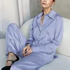 OOTN Blue Satin Home Wear Suit Spring Brown Z Długim Rękawem 2 Sztuka Top I Spodnie Zestawy Luźne Dorywczo Letnie Spodnie Zestaw Ladies 220421