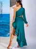 LOVE&LEMONADE Sexy Green Off-The-Shoulder Cutout Ruffled Reflective Satin Party Maxi Dress LM82202-1 GREEN 220507