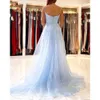 New Light Blue Mermaid Prom Dress Spaghetti Straps Lace Appliques Kjol med avtagbar tåg Foraml Evening Party Gowns Custom Made